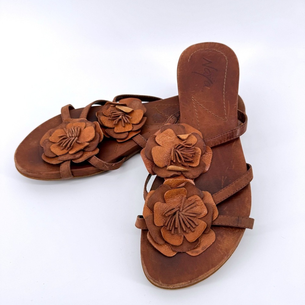 Naya Bristol Sandals Women 9.5 Brown Leather Floral Strappy Low Wedge Slides